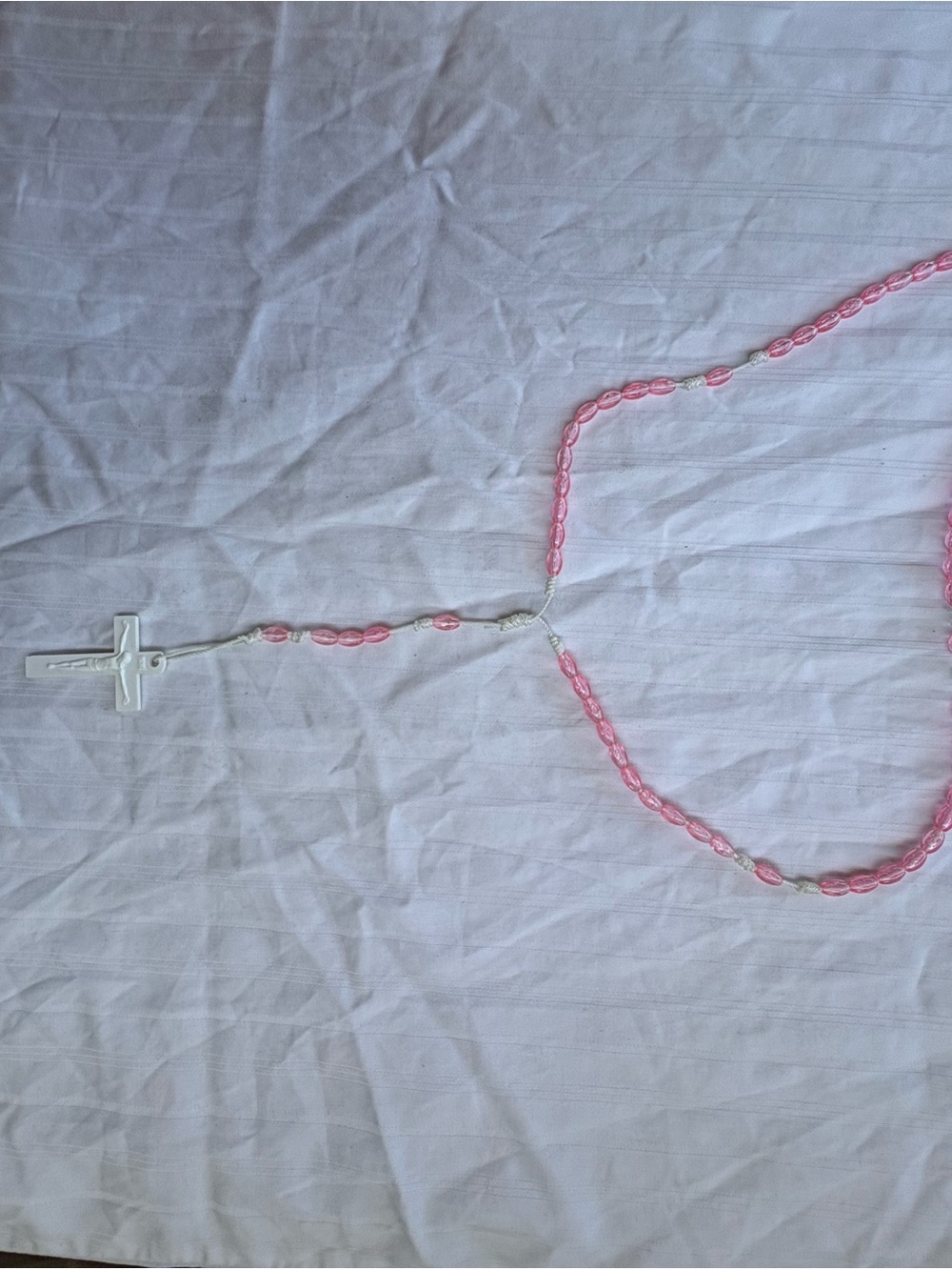 Pink Beaded Rosary Necklace with White Cross